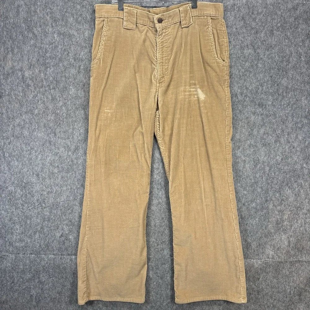 Vintage 1970s Levi's Corduroy Flare Pants 33x29 Tan Talon Zip USA Distressed